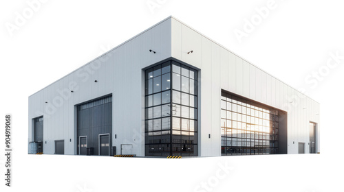 Clean warehouse building exterior  minimal design on white background