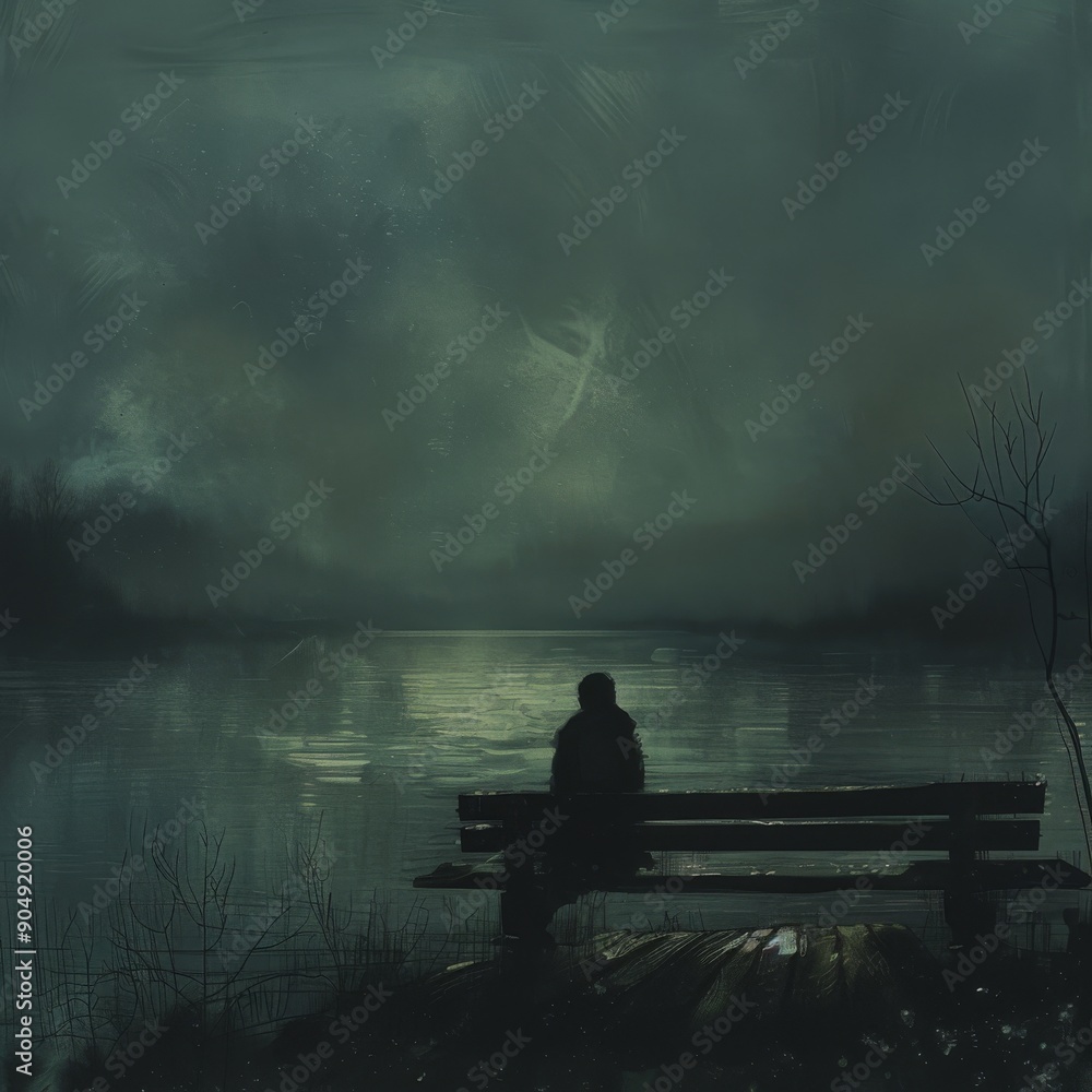 Calm, sad, nostalgic person stis on a boat alone Calm, sad, nostalgic person stis on a boat alone