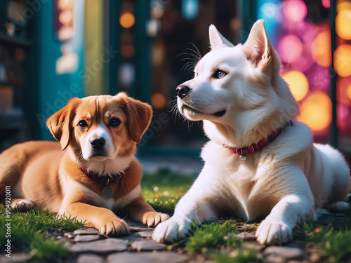 Two dogs lying together outdoor