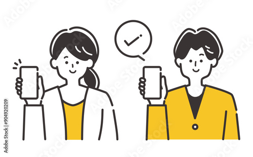 キャッシュレス、オンライン決済説明などに使える スマートフォンを持つ若い男性女性のイラスト素材