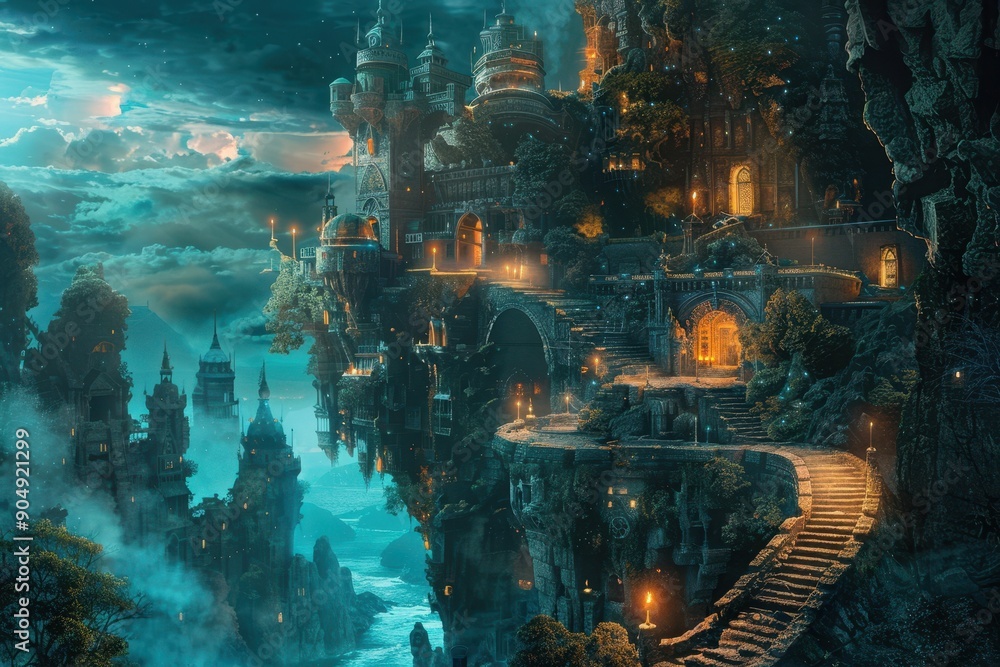 Mystical castle ruins on a rocky cliff overlooking a dark sea Mystical castle ruins on a rocky cliff overlooking a dark sea