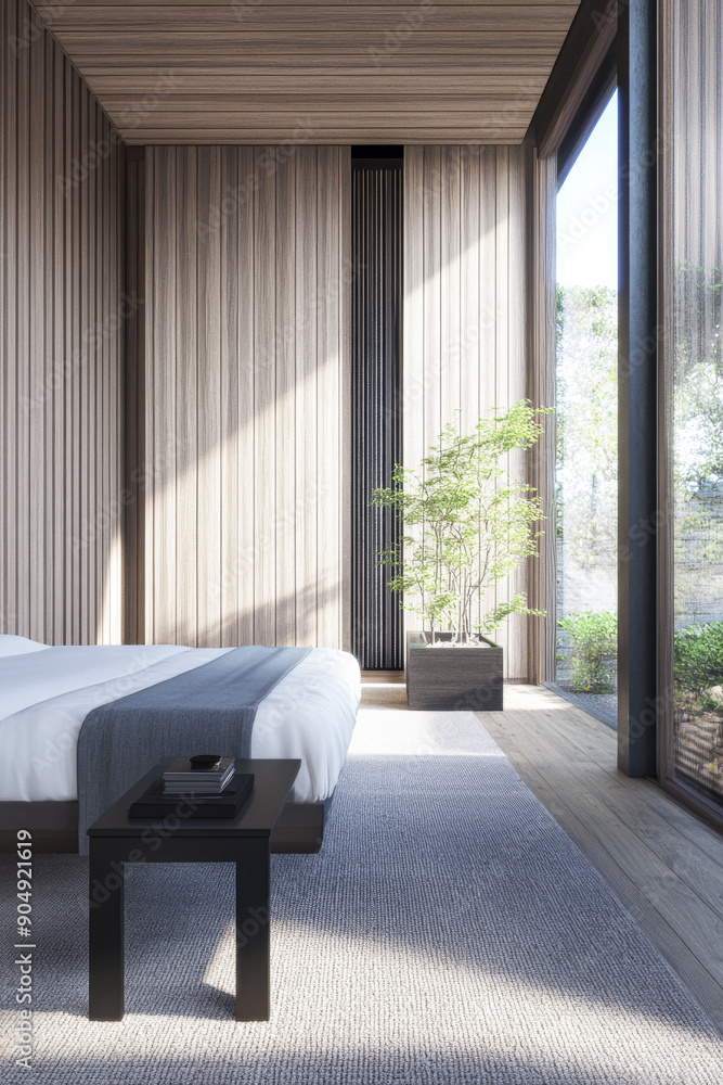 Fototapeta premium Contemporary property interiors with wall panels and minimalist furniture. Apartment interior design with warm colors and natural lighting.