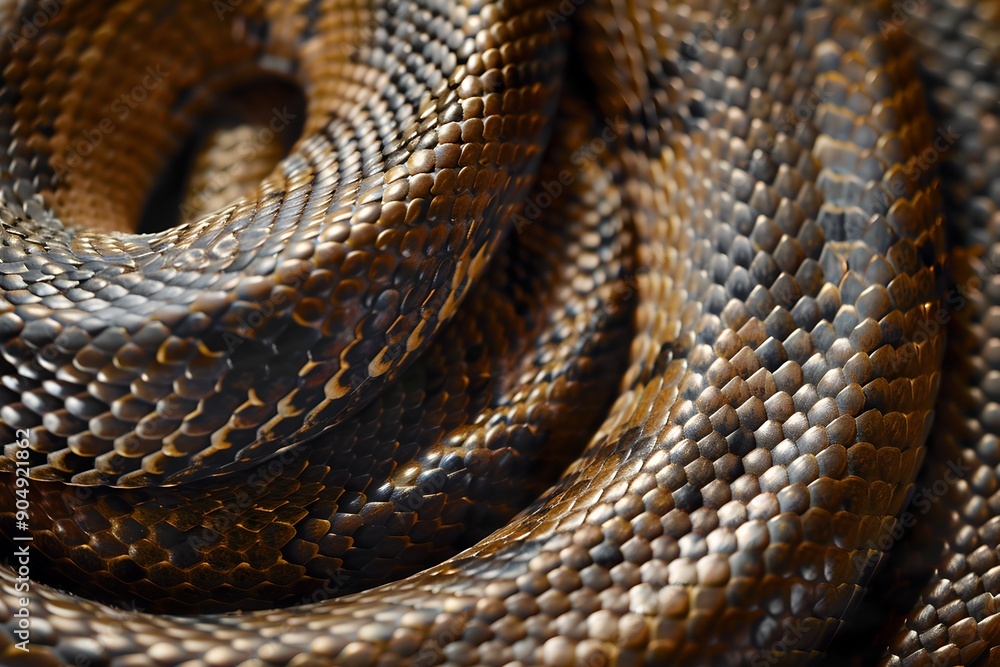 Fototapeta premium Snake with brown print of skin. Close up serpent with scaly pattern. Reptile skin texture background