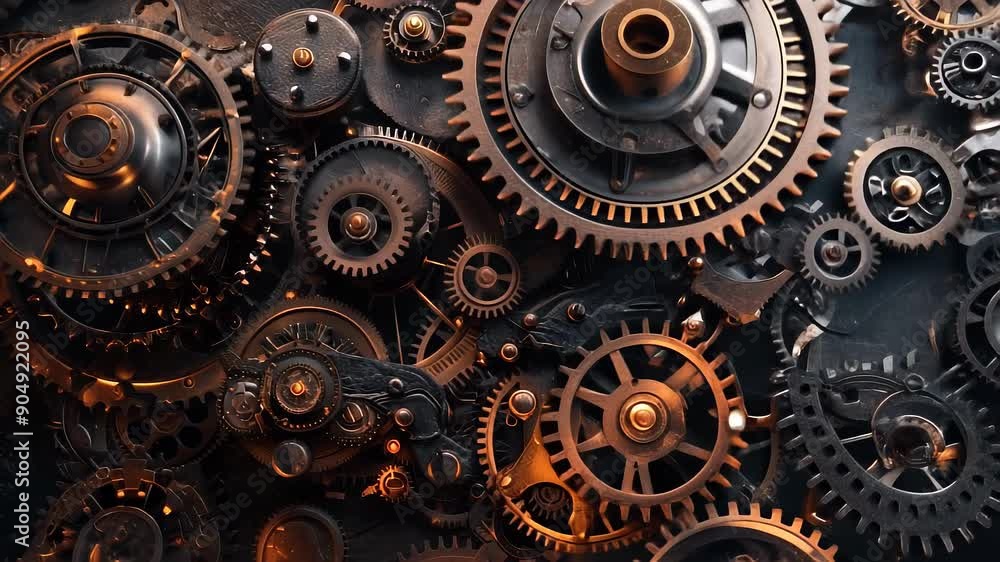 A close-up of a series of interconnected gears. A close-up of a series of interconnected gears.