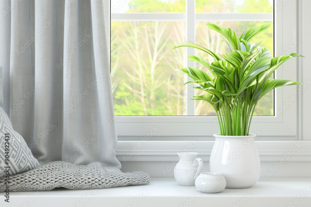 Fototapeta premium Cozy Home Interior with Lush Green Plant on Sunny Window Sill