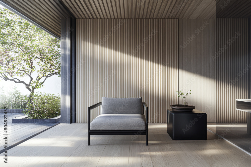 Fototapeta premium Contemporary property interiors with wall panels and minimalist furniture. Apartment interior design with warm colors and natural lighting.