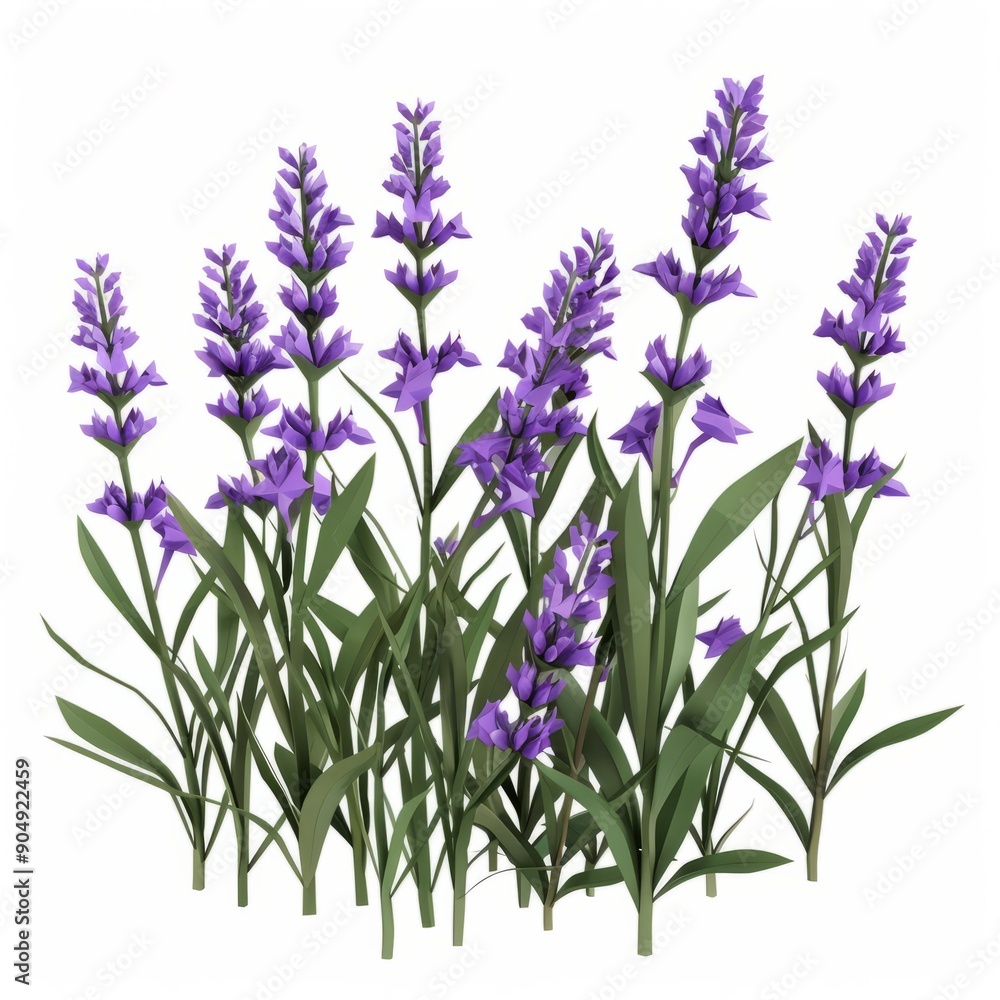 Obraz premium 3D Render, Low Poly style of lavender flowers, on isolated white background, Generative AI