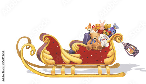 Watercolor Santa Claus sleigh with gifts