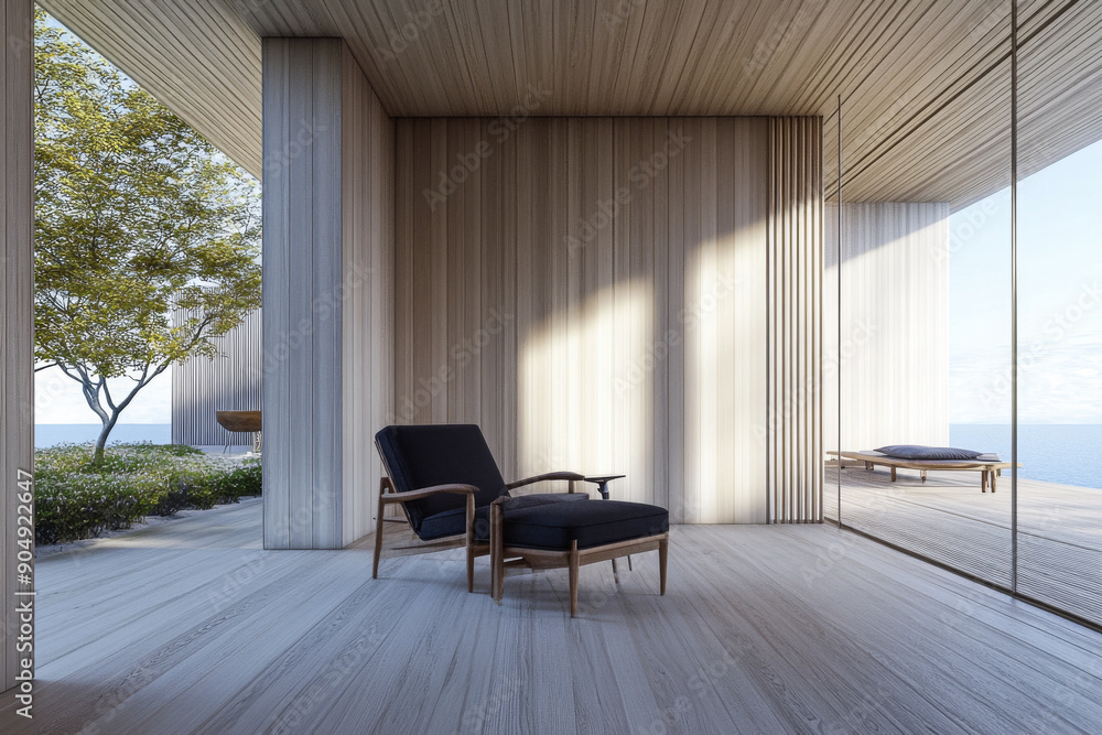 Fototapeta premium Contemporary property interiors with wall panels and minimalist furniture. Apartment interior design with warm colors and natural lighting.