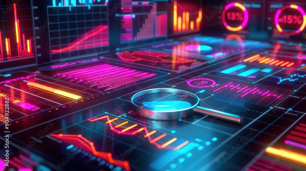 Futuristic Data Analysis Dashboard with Magnifying Glass, Charts, and Graphs in Neon Colors Futuristic Data Analysis Dashboard with Magnifying Glass, Charts, and Graphs in Neon Colors
