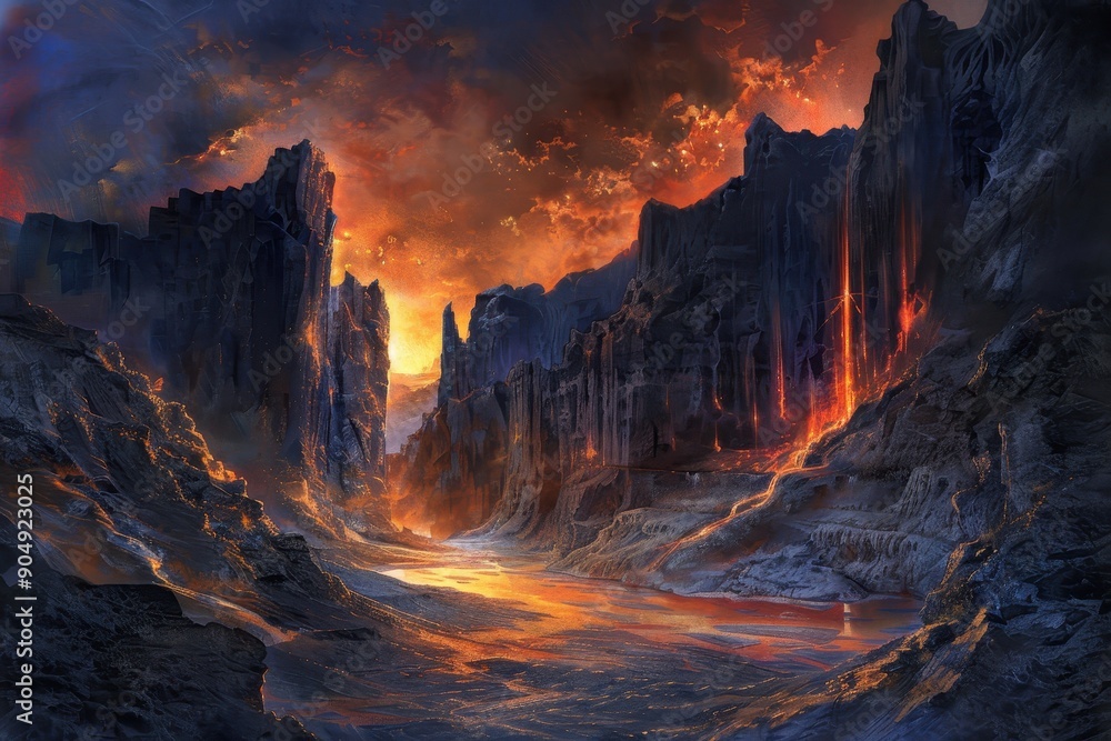 Fototapeta premium Molten River Gorge Landscape with Towering Obsidian Cliffs and Fiery Sky