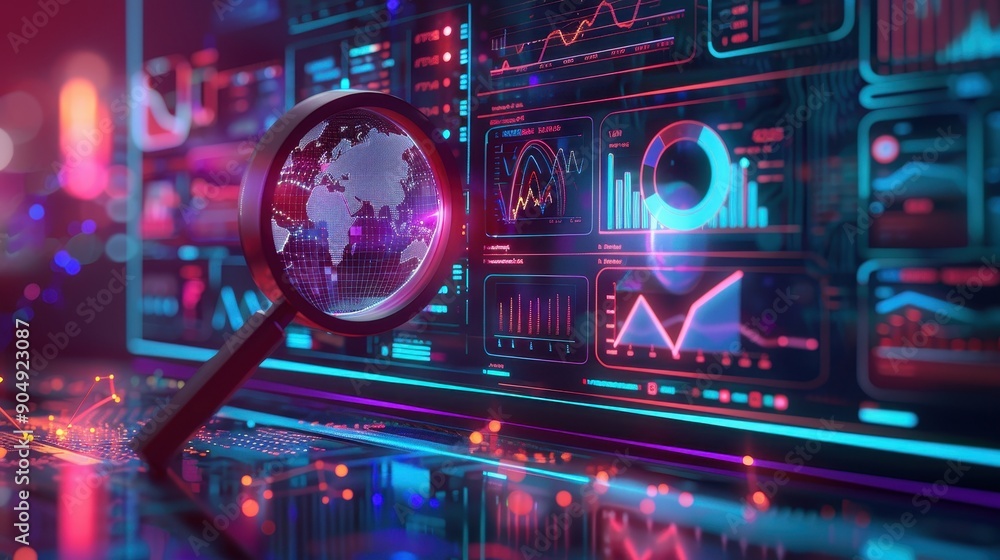 Futuristic Data Analysis Concept with Digital Globe and Magnifying Glass on High-Tech Interface Futuristic Data Analysis Concept with Digital Globe and Magnifying Glass on High-Tech Interface