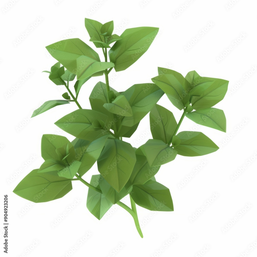 3D Render, Low Poly style of oregano leaves, on isolated white background, Generative AI 3D Render, Low Poly style of oregano leaves, on isolated white background, Generative AI