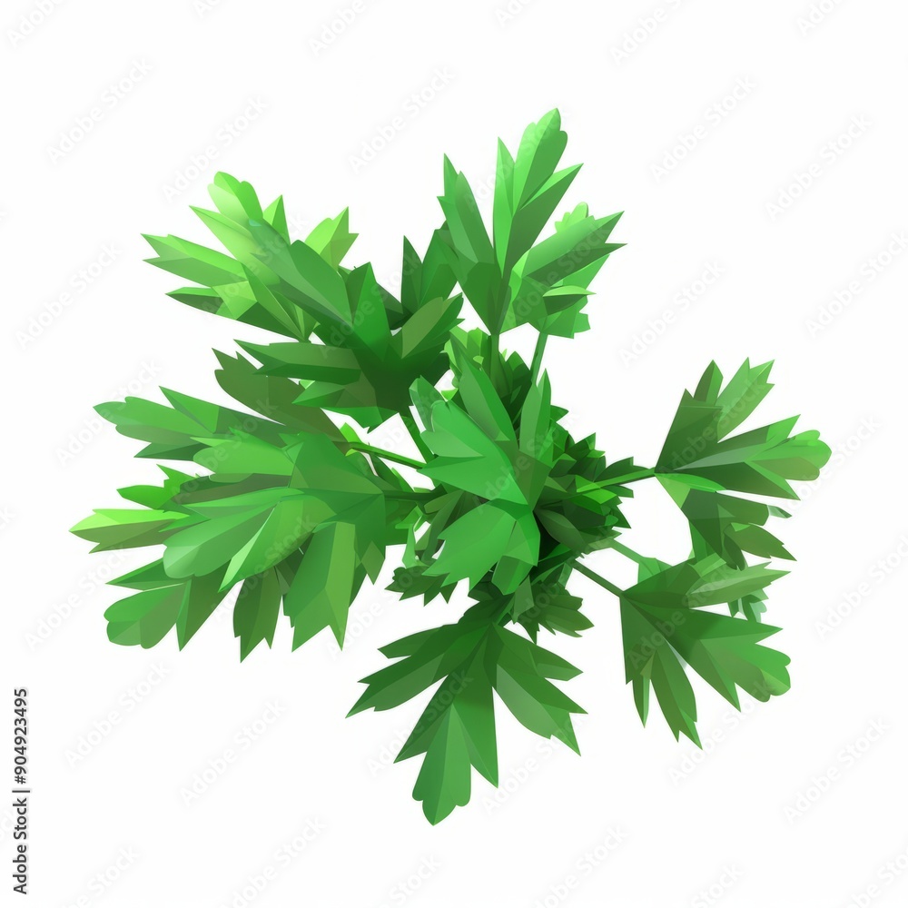 3D Render, Low Poly style of parsley leaves, on isolated white background, Generative AI 3D Render, Low Poly style of parsley leaves, on isolated white background, Generative AI