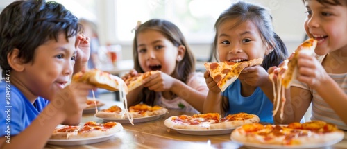 Wallpaper Mural Four children are eating pizza together. AI. Torontodigital.ca