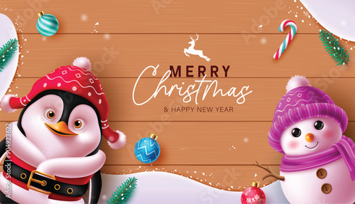 Merry christmas greetings vector template design. Christmas penguin and snowman characters with xmas balls elements and candy cane ornaments in wooden snow winter background. Vector illustration 
