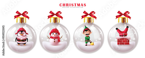 Christmas balls glass vector set design. Christmas characters like santa claus, penguin, snowman and elf in crystal transparent bauble collection isolated in white background. Vector illustration 
