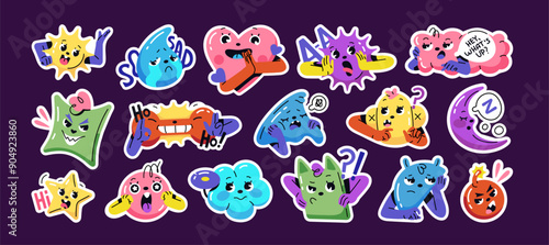 Sticker pack of different mood. Set of abstract characters with positive and negative emotions, happy or sad facial expressions. Icons of various reactions, emojis. Flat isolated vector illustrations