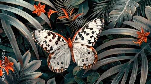 Butterfly Idea leuconoe resting on tropical foliage photo