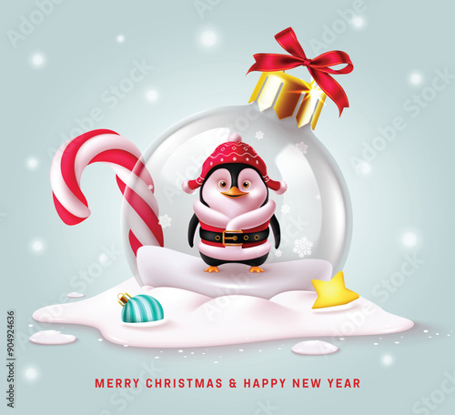 Christmas penguin glass ball vector design. Merry christmas and happy new year greeting text with penguin character in crystal glass ball and candy cane xmas ornaments decoration. Vector illustration 