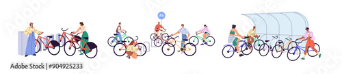 People parking bicycles on storage place set. Bicyclists ride, take, leave bikes at station. Cyclists' transport stands on racks on city street. Flat isolated vector illustrations on white background
