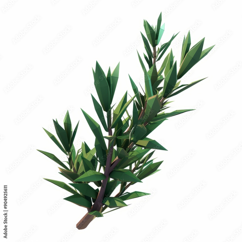 Obraz premium 3D Render, Low Poly style of rosemary sprig, on isolated white background, Generative AI