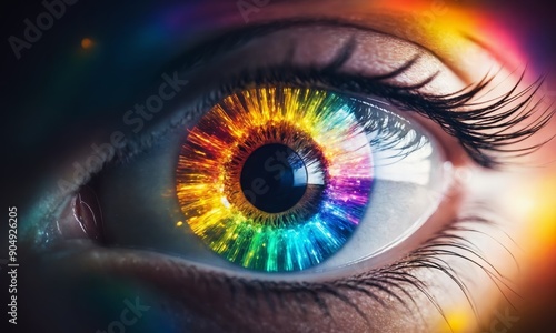 Close-up of an eye with rainbow-colored iris