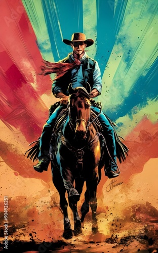 Thrilling Comic Book Art: Cowboy Rides Through Flaming Western Town