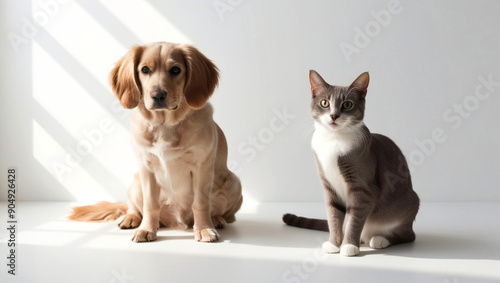 Dog and cat sitting together, white background