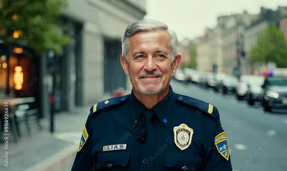 Portrait of smiling mature man in police uniform standing in city street Portrait of smiling mature man in police uniform standing in city street