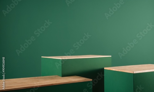 Simple product display with three wooden platforms and a green background photo