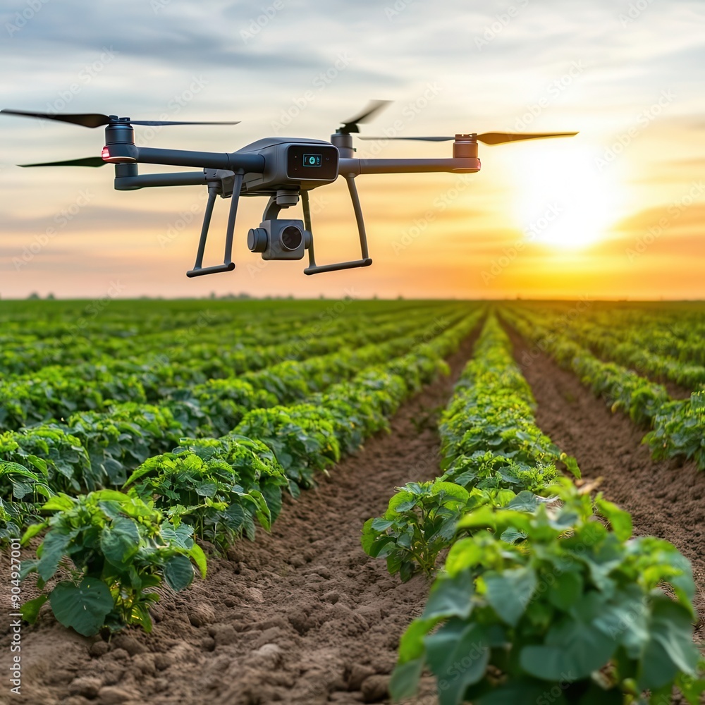 A drone flying over a lush green field during a vibrant sunset, showcasing modern agriculture technology in action. A drone flying over a lush green field during a vibrant sunset, showcasing modern agriculture technology in action.