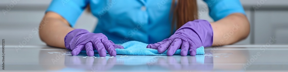Detail of a woman in blue shirt and purple gloves wiping a table with a rag on a light grey background, clean sharp focus, no contrast. Detail of a woman in blue shirt and purple gloves wiping a table with a rag on a light grey background, clean sharp focus, no contrast.