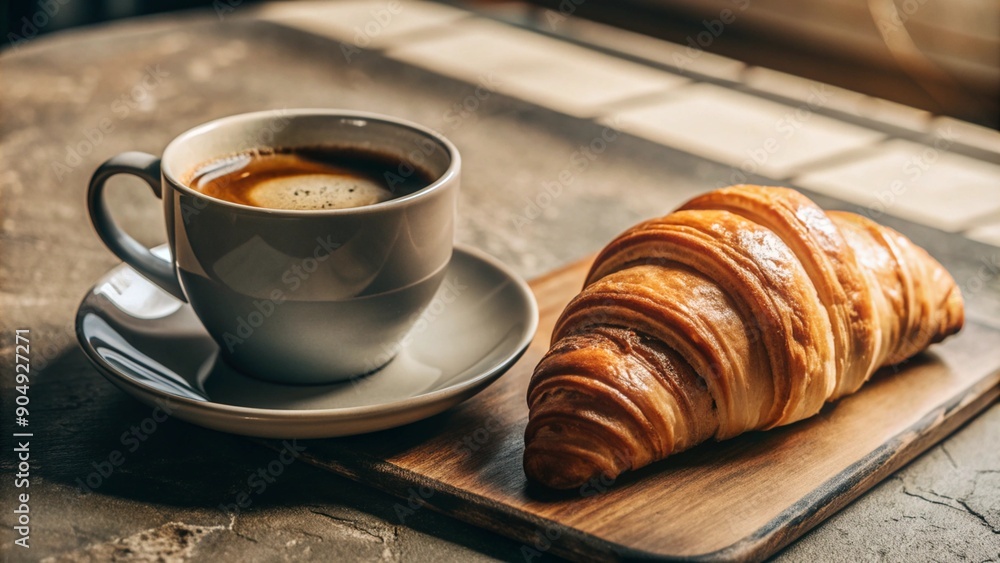 Classic breakfast combo of coffee and croissant on a minimalist gray table Classic breakfast combo of coffee and croissant on a minimalist gray table