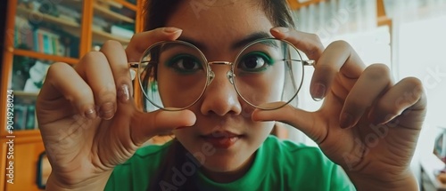 A woman holding up a pair of glasses to her face. AI.
