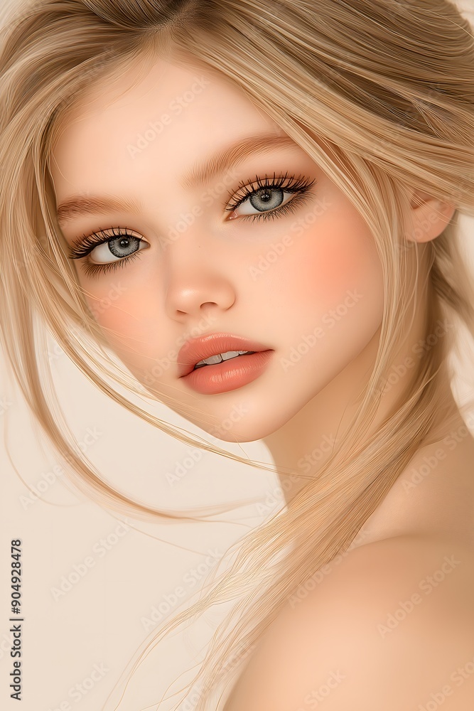 Naklejka premium Anime beauty, Anime model, cosmetics model, model, illustration, white background, makeup, long hair, girl, girl, sexy beauty, beauty wallpaper, elegant beauty, fresh beauty, skincare 