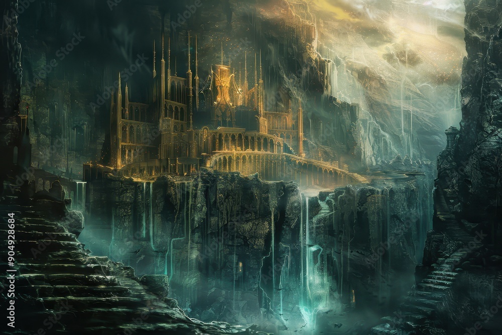 Majestic golden palace waterfalls fantasy landscape Majestic golden palace waterfalls fantasy landscape