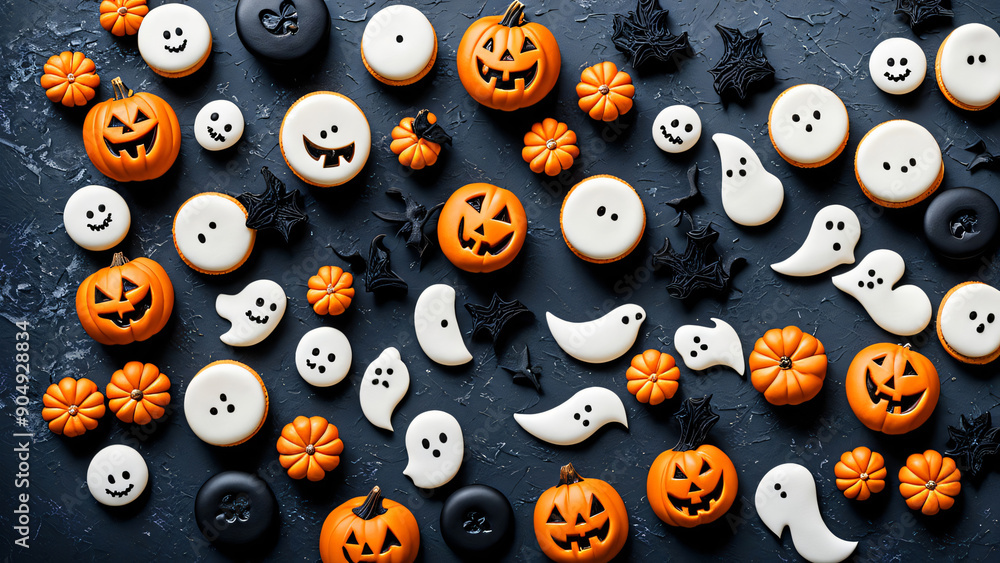 Fototapeta premium Halloween-themed macarons with spooky pumpkin and ghost designs