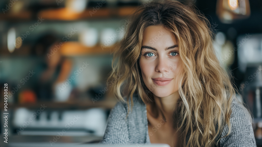 A woman with long blonde hair is sitting at a table with a laptop. She is smiling and looking directly at the camera A woman with long blonde hair is sitting at a table with a laptop. She is smiling and looking directly at the camera
