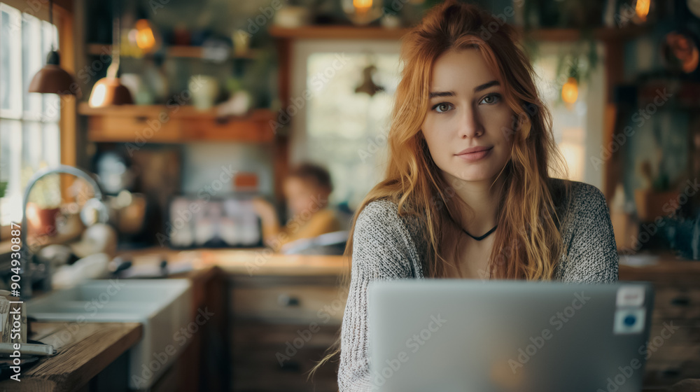 A woman with red hair is sitting at a table with a laptop. She is looking at the camera and she is focused on her work. The scene suggests a quiet and productive atmosphere A woman with red hair is sitting at a table with a laptop. She is looking at the camera and she is focused on her work. The scene suggests a quiet and productive atmosphere