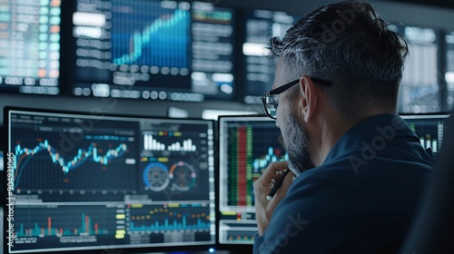 A financial analyst reviews charts and graphs displaying economic cycles and investment returns on a large screen in a modern office, with ample copy space for text or graphics.