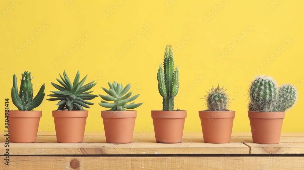 Fototapeta premium set of potted cactus flowers on yellow background