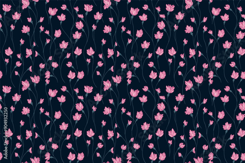 Creative pink florals stems pattern on a back background. Abstract artistic branches with tiny flowers small buds intertwined in a seamless print. Vector hand drawing. Simple ornament for designs