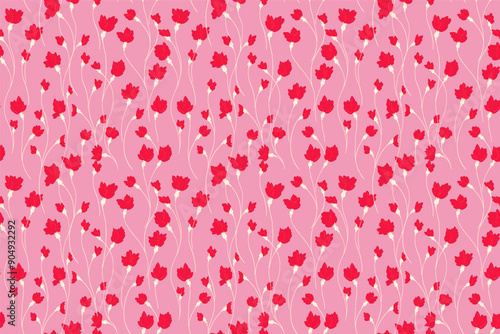 Pink pattern with creative intertwined florals stems. Abstract artistic branches with tiny flowers small buds  seamless background. Vector hand drawing. Simple ornament for designs, print, textiles