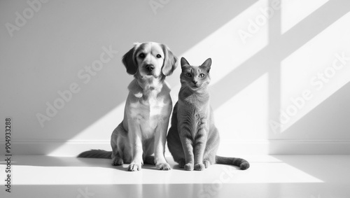 Dog and Cat sitting together next to each other, great for advertisements, ads, marketing, backgrounds, magazines, generative ai