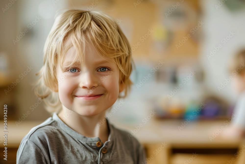  Little smiling blond boy standing in the school classroom