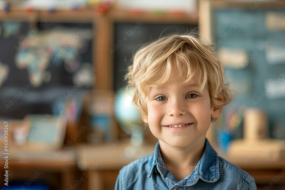 Little smiling blond boy standing in the school classroom Little smiling blond boy standing in the school classroom