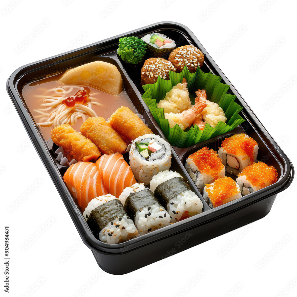 Delicious sushi bento box featuring a variety of flavors, including sushi, sashimi, and tempura, perfect for a satisfying meal. Delicious sushi bento box featuring a variety of flavors, including sushi, sashimi, and tempura, perfect for a satisfying meal.