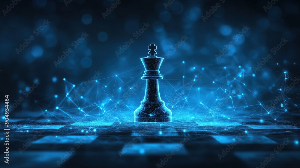 Digital chess game with futuristic background and glowing king piece Digital chess game with futuristic background and glowing king piece