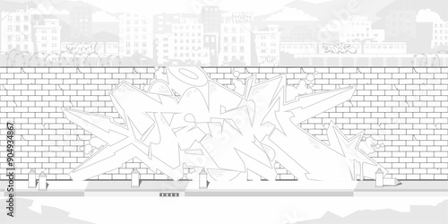 Abstract Brick Wall With Street Art Graffiti Drawing Coloring Page With Background Of The Cityscape